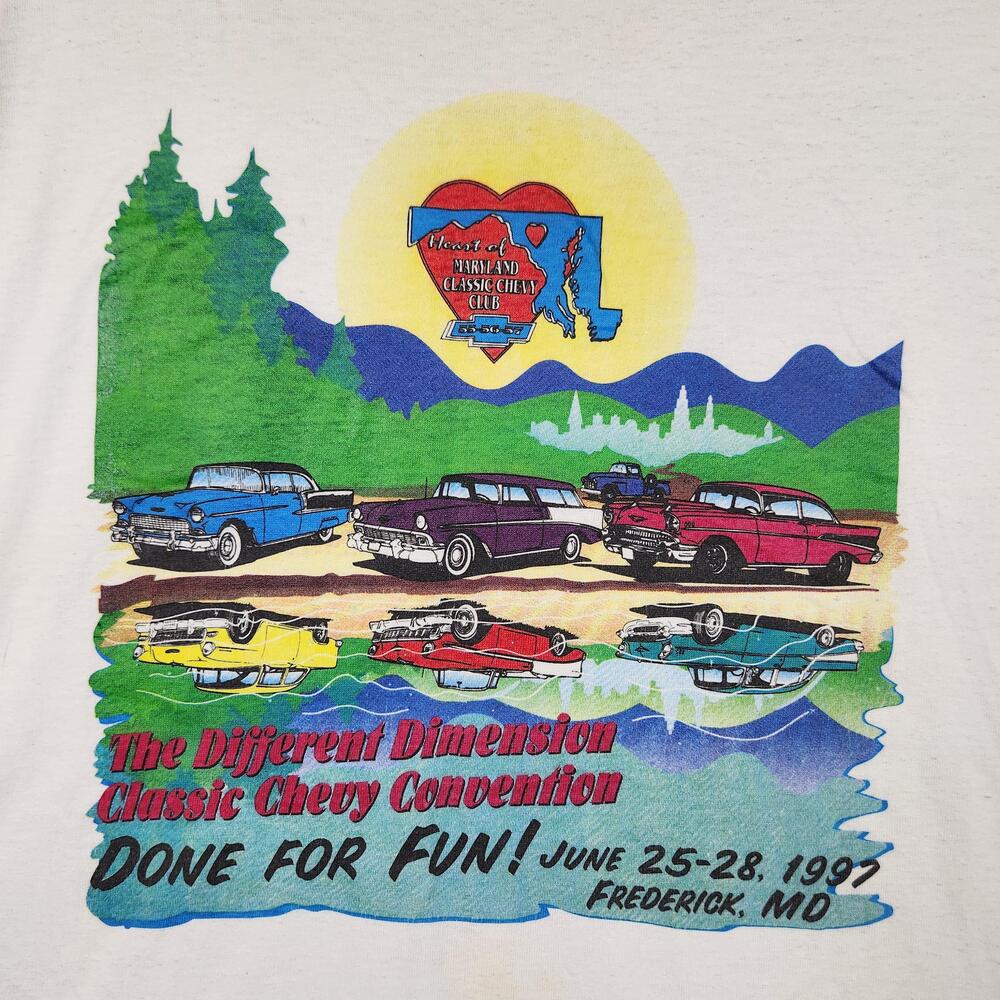 Vintage Classic Chevy Convention Shirt Mens XL White Car Graphic 90s Old School